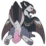4_toes anus avian beak blue_eyes blush bodily_fluids dildo feathered_wings feathers feet grey_body gryphon mythological_avian mythological_creature mythology open_mouth sex_toy symrea telegram_sticker toes wings
