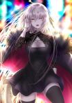  1girl absurdres ahoge backlighting breasts cape cleavage fate/grand_order fate_(series) fur-trimmed_cape fur_trim grey_hair hair_between_eyes hand_in_hair highres jeanne_d&#039;arc_(alter)_(fate) jeanne_d&#039;arc_(fate)_(all) large_breasts long_hair looking_at_viewer open_mouth penguintake solo teeth thighhighs thighs yellow_eyes 