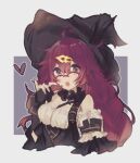  1225ka 1girl ahoge blush border choker detached_sleeves dorothy_(sinoalice) feathers glasses gloves hair_ornament hairclip harness hat heart highres holding holding_heart long_hair open_mouth purple_eyes purple_hair simple_background sinoalice solo witch witch_hat 