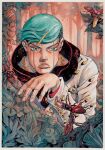  1boy absurdres asymmetrical_bangs battle black_hood chain forest gold_chain green_eyes green_hair hair_ornament hairclip higashikata_jobin highres hood hoodie jojo_no_kimyou_na_bouken jojolion long_sleeves nature painting_(medium) rhinoceros_beetle scar scar_on_face spiked_clothes traditional_media undercut watercolor_(medium) white_hoodie wings xfkart 