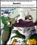 anthro backpack character_name clothed clothed_anthro clothed_male clothing comic_sans domestic_cat felid feline felis green_eyes group guitar hat headgear headwear hi_res male mammal musical_instrument musician mustelid otter pandottermon plucked_string_instrument solo string_instrument student text thought_bubble trio
