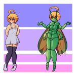  anthro arthropod beetle before_and_after blonde_hair blush breasts clothing dress featureless_breasts female footwear green_body hair hi_res human inkblot123 insect insect_wings leggings legwear mammal multi_arm multi_limb shoes solo standing transformation wings 