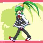  1girl 2000s_(style) acme_iku black_dress black_thighhighs blush_stickers dress dumbslime fang fur-trimmed_dress fur-trimmed_thighhighs fur_trim green_eyes green_hair highres maid maid_headdress maidloid onion open_mouth ponytail red_ribbon red_shoes ribbon shoes sidelocks skin_fang solo thighhighs utau walking white_sleeves 