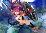  1girl absurdres armor armpits ass bat bikini_armor black_legwear blue_eyes breasts elizabeth_bathory_(brave)_(fate) elizabeth_bathory_(fate)_(all) fang fate/grand_order fate_(series) gauntlets gloves greaves highres holding holding_shield holding_sword holding_weapon horns long_hair looking_at_viewer navel nishiide_kengorou open_mouth pauldrons purple_hair revealing_clothes revision shield shoulder_armor slime_(creature) small_breasts smile solo sword tail thighhighs tiara tombstone weapon 