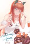  1girl animal_ears bangs bare_shoulders blue_eyes blunt_bangs blush breasts brown_hair cake cake_slice carrot collarbone commentary_request cup dated dress ear_covers eliskalti eyebrows_visible_through_hair food fork hairband happy_birthday highres holding holding_fork horse_ears horse_girl jewelry long_hair looking_at_viewer medium_breasts necklace off-shoulder_dress off_shoulder parted_lips silence_suzuka_(umamusume) smile solo star_(symbol) star_necklace table umamusume very_long_hair white_dress wristband 