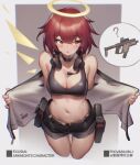  1girl ? absurdres arknights bare_shoulders bilibili_xiaolu black_bra black_choker black_shorts bra breasts choker cleavage cropped_legs exusiai_(arknights) gun halo headphones headphones_around_neck heavy_breathing highres jacket kriss_vector looking_away medium_breasts midriff navel off_shoulder open_clothes open_fly open_jacket parted_lips red_eyes red_hair short_hair short_shorts shorts solo stomach submachine_gun sweatdrop thighs underwear weapon wings 