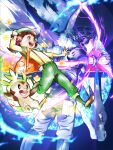  1boy 1girl :d alain_(pokemon) arms_up backpack bag black_gloves black_hair black_socks blue_fire blush bracelet brown_hair brown_shoes charizard chespin clenched_hand closed_mouth commentary_request dragon eyelashes fangs fingerless_gloves fire flower gasshou gloves glowing green_hat green_pants hand_on_headwear hat jewelry mairin_(pokemon) mega_charizard_x mega_pokemon mega_ring mega_stone open_mouth orange_bag orange_eyes orange_flower orange_petals pants poke_ball_symbol pokemon pokemon_(anime) pokemon_(creature) pokemon_xy_(anime) red_eyes shirt shoes short_hair smile socks suspenders teeth upper_teeth_only yellow_shirt 