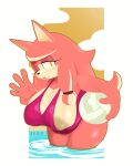 absurd_res akita anthro areola ball beach_ball big_breasts black_nose breasts canid canine canis clothing conductor&#039;s_wife_(sonic) domestic_dog eyelashes female front_view hair hi_res holding_beach_ball huge_breasts inflatable long_hair looking_at_viewer mammal mature_female nipple_slip nipples oblivious one_eye_closed orange_eyes partially_submerged pink_clothing pink_hair pink_swimwear sega simple_background solo sonic_the_hedgehog_(series) spitz standing_in_water swimwear tan_areola tan_nipples the_murder_of_sonic_the_hedgehog theonehornedimp thick_thighs wardrobe_malfunction white_background wide_hips wink winking_at_viewer