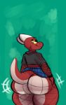  absurd_res anthro big_butt bottomwear bouncing_butt butt clothed clothing fishnet fishnet_armwear fishnet_clothing fishnet_legwear hi_res horn huge_butt kobold legwear looking_at_viewer looking_back male phenax ralohsarts red_body red_scales scales scalie skirt solo thick_thighs 