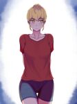  1girl arms_behind_back artist_name averting_eyes blonde_hair blue_pants cowboy_shot hair_bun highres mockingeu pants rachel_(tower_of_god) red_shirt shirt solo tower_of_god yellow_eyes 