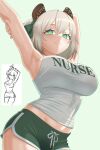  1girl absurdres alternate_costume animal_ears arm_behind_head armpits bare_arms bare_shoulders breasts brown_hair clothes_writing commentary dolphin_shorts drawstring from_below green_background green_eyes green_shorts hair_between_eyes highres indie_virtual_youtuber large_breasts looking_at_viewer medium_hair midriff_peek nimi_nightmare one_side_up reference_inset shirt shorts simple_background sketch_inset solo stretching tank_top tapir_ears tapir_girl toomy_woomy virtual_youtuber white_tank_top 