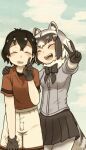  2girls animal_ears beige_shorts black_gloves black_hair black_neckwear black_skirt blue_sweater bow bowtie commentary_request common_raccoon_(kemono_friends) cowboy_shot elbow_gloves extra_ears eyebrows_visible_through_hair fur_collar gloves grey_hair highres kaban_(kemono_friends) kemono_friends minpou_(nhk) multicolored multicolored_clothes multicolored_gloves multicolored_hair multiple_girls no_hat no_headwear pantyhose pleated_skirt puffy_short_sleeves puffy_sleeves raccoon_ears raccoon_girl raccoon_tail red_shirt shirt short_hair short_sleeves skirt sweater t-shirt tail v white_gloves white_hair white_legwear 