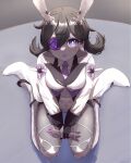  1girl absurdres animal_ears black_gloves black_hair collared_shirt from_above gloves highres hilt holding holding_weapon leotard mechanical_ears mockingeu necktie one_eye_covered open_mouth partially_fingerless_gloves purple_eyes purple_necktie rabbit_ears shirt solo sweatdrop tailcoat tailcoat_playboy_bunny thighhighs tower_of_fantasy umi_(tower_of_fantasy) weapon 