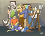 2017 anthro arthur_korsky bear black_body black_fur brown_body brown_fur canid canine canis cheetah cigarette circles_(comic) domestic_dog douglas_pope easel eyewear felid feline fur glasses grey_body grey_fur group hi_res hug jazcabungcal kangaroo ken_brassai kneeling lgbt_pride macropod male male/male mammal markings marsupial martin_miller mephitid mustelid otter paul_mayhew picture_frame pride_colors signature skunk smoking smoking_cigarette spots spotted_body spotted_fur standing taylor_dooley two_color_fur wall_(structure) white_body white_fur yellow_body yellow_fur