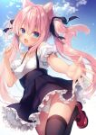  1girl :d animal_ear_fluff animal_ears black_bow black_skirt black_thighhighs blue_eyes blue_sky boku_no_risou_no_isekai_seikatsu bow bow_panties breasts cat_ears cat_girl cat_tail cloud commentary_request day frilled_panties frilled_skirt frills hair_between_eyes hair_bow high-waist_skirt long_hair looking_at_viewer misia_(ichiri) off-shoulder_shirt off_shoulder outdoors panties pink_hair puffy_short_sleeves puffy_sleeves red_bow red_shoes sazaki_ichiri shirt shoes short_sleeves side-tie_panties skirt sky small_breasts smile solo suspender_skirt suspenders tail thighhighs twintails two_side_up underwear very_long_hair white_panties white_shirt 