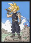  1boy black_pants black_sweater blonde_hair child cloud_strife cloud_strife_(cosplay) cosplay creator_connection crossover dragon_ball dragon_ball_z dragon_quest final_fantasy final_fantasy_vii full_body highres holding holding_sword holding_weapon male_focus medium_hair muscular muscular_male nature outdoors pants single_shoulder_pad sleeveless sleeveless_sweater slime_(dragon_quest) solo_focus son_gohan spiked_hair super_saiyan super_saiyan_1 suspenders sweater sword weapon wesatinthecar 