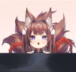  1girl amagi-chan_(azur_lane) animal_ear_fluff animal_ears azur_lane bangs blush brown_hair chestnut_mouth commentary_request fox_ears fox_girl fox_tail long_hair looking_at_viewer multiple_tails purple_eyes rope shimenawa shimotsuki_shio short_eyebrows solo tail thick_eyebrows twintails 