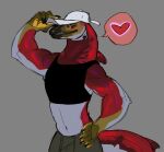  &lt;3 anthro baseball_cap blush bottomwear clothing crop_top eyes_closed female fin fish hand_on_hip hat headgear headwear hi_res marine midridd muscular muscular_anthro muscular_female nails pants salmon salmonid_(fish) shirt shoyu_(velow) smile sockeye_salmon solo teeth topwear velow 