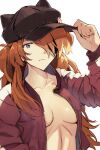  1girl abs absurdres adjusting_clothes adjusting_headwear animal_ear_headwear animal_ears badge black_hat button_badge cabbie_hat cat_ears closed_mouth collarbone commentary evangelion:_3.0_you_can_(not)_redo eyepatch fake_animal_ears hair_over_one_eye hand_on_headwear hat highres jacket light_frown long_hair long_sleeves neon_genesis_evangelion no_shirt rebuild_of_evangelion red_hair red_jacket single_vertical_stripe solo souryuu_asuka_langley toned toned_female two_side_up unzipped upper_body very_long_hair white_trim yagisawa_teru zipper 