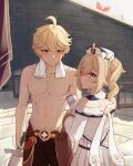  1boy 3girls abs absurdres aether_(genshin_impact) ahoge amber_(genshin_impact) barbara_(genshin_impact) belt blonde_hair blue_eyes blush cup drill_hair drinking_straw fischl_(genshin_impact) genshin_impact hat highres holding holding_cup holding_sword holding_weapon long_sleeves looking_at_viewer looking_back mockingeu multiple_girls navel no_nipples pants peeking red_ribbon ribbon smile sweat sword topless_male towel twintails weapon 