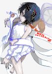  1girl absurdres aqua_bikini bare_legs bare_shoulders barefoot bikini black_hair black_nail black_ribbon black_toenails breasts brown_eyes character_doll coat doll dress fate/grand_order fate_(series) full_body hair_over_one_eye highres holding holding_doll lady_yu_doll long_sleeves looking_at_viewer mole mole_under_eye open_clothes open_coat ribbon short_hair simple_background small_breasts solo swimsuit thighs tsukaasa white_bikini xu_fu_(fate) xu_fu_(swimsuit_avenger)_(fate) 