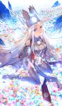  1girl arm_support bare_shoulders barefoot blue_flower breasts breasts_apart choco_(chocolate_shop) cleavage_cutout clothing_cutout commentary detached_leggings dress_of_heaven fate/grand_order fate/stay_night fate_(series) field flower flower_field full_body glowing groin justeaze_lizrich_von_einzbern long_hair looking_to_the_side medium_breasts official_art orange_flower parted_lips pelvic_curtain pink_flower red_eyes revealing_clothes sidelocks sitting solo stole stomach_jewel teeth third-party_source very_long_hair white_hair white_theme wide_sleeves yokozuwari 