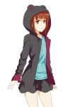  1boy animal_ears animal_hood bear_ears bear_hood black_jacket black_shorts blue_shirt brown_eyes brown_hair commentary cowboy_shot expressionless fake_animal_ears hood hood_up hooded_jacket jack-barro jacket kanou_shinka long_sleeves male_focus medium_hair open_clothes open_jacket otoko_no_ko parted_lips shirt short_shorts shorts simple_background solo standing toaru_majutsu_no_index toaru_majutsu_no_index:_new_testament white_background 