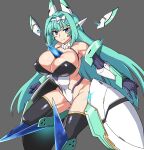  1girl absurdres android aqua_hair bangs bare_shoulders between_breasts blue_eyes blunt_bangs bow breasts cleavage closed_mouth covered_navel covered_nipples eyebrows_visible_through_hair grey_background hair_intakes headband henshin highres huge_breasts leg_up leotard long_hair looking_at_viewer mecha_musume nishiumi_yuuta open_hand original science_fiction solo thighhighs white_bow y-0_(generic_ooban_yaki) 