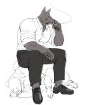  after_fight alphs anthro blood bodily_fluids canid cigarette clothing cross-eyed dress_shirt facial_hair fur gangster grey_body grey_fur group hi_res human male mammal muscular muscular_male scar shirt simple_background sitting_on_person sketch smoking topwear white_background 