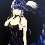  1girl black_background blue_eyes blue_hair braid braided_ponytail breasts choker cleavage closed_mouth dress fins hair_ornament hand_on_own_cheek hand_on_own_face highres large_breasts long_hair ningyo_hime_(sinoalice) ponytail senryoko sinoalice solo 
