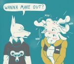 2025 anthro antlers bedroom_eyes biped blush blush_lines canid canine canis cartoon_eyes clothed clothing colored confident deer dialogue digital_drawing_(artwork) digital_media_(artwork) domestic_dog donnie_b. duo eye_contact facial_markings female female/female friends_vs_friends front_view fur half-length_portrait head_markings hi_res horn hyacinth1971 jewelry looking_at_another mammal markings meme moose moose_salto motion_lines narrowed_eyes necklace new_world_deer pleading_eyes pointy_ears portrait seductive shaded shy simple_background speech_bubble text toony
