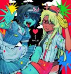  1girl 1other antlers apron black_choker black_eyes black_necktie blonde_hair blue_dress blue_hair blue_skin bow choker collared_shirt colored_skin commentary deer_antlers deer_girl deer_tail deltarune diagonal-striped_bow dress gloves goomyloid hat heart highres horns kris_(deltarune) long_hair mesmerizer_(vocaloid) mini_hat necktie noelle_holiday open_mouth red_hat red_pupils salute sharp_teeth shirt short_hair short_sleeves striped_clothes striped_dress striped_shirt sweat tail teeth tongue tongue_out two-finger_salute vertical-striped_clothes vertical-striped_dress vertical-striped_shirt vocaloid waving white_apron yellow_gloves 