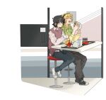  2girls black_hair black_headband blonde_hair blue_eyes burger closed_eyes collared_shirt denim food french_fries green_hoodie headband highres holding holding_burger holding_food hood hoodie jeans jiguang_haibao koishikawa_iko long_hair long_sleeves momijiyama_teru multiple_girls on_stool open_mouth pants scar_across_eyebrow semi-rimless_eyewear shirt short_hair shy_(series) sitting striped_clothes striped_shirt sweater_vest 