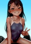  1girl as109 bangs black_hair blue_swimsuit blush breasts brown_eyes collarbone covered_navel dark_skin dark_skinned_female fang girl_on_top hair_ornament hairclip highres ijiranaide_nagatoro-san lips long_hair looking_at_viewer nagatoro_hayase one-piece_swimsuit revision school_swimsuit small_breasts solo_focus sweat swimsuit teeth v 