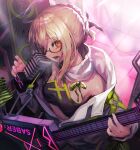  1girl ahoge akieda artoria_pendragon_(all) bangs bare_shoulders black_shirt blonde_hair blush braid breasts electric_guitar fate/grand_order fate_(series) french_braid glasses guitar hair_between_eyes hair_bun highres instrument jacket long_hair long_sleeves looking_at_viewer medium_breasts microphone mysterious_idol_x_(alter)_(fate) navel off_shoulder open_mouth shirt sidelocks thighs white_jacket yellow_eyes 