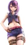  1girl bangs bare_shoulders blue_shorts blush breasts fate/grand_order fate_(series) helena_blavatsky_(fate) highres looking_at_viewer navel open_mouth purple_eyes purple_hair sakazakinchan short_hair short_shorts shorts small_breasts smile thigh_strap thighs 