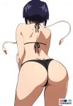  1girl artist_name ass ass_focus audio_jack bikini black_bikini black_hair bluesky_logo boku_no_hero_academia fanbox_logo from_behind jiro_kyoka long_earlobes mixed-language_commentary patreon_logo pixiv_logo short_hair simple_background solo sweat swimsuit tsuranukko twitter_x_logo white_background 
