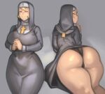  1girl ass blonde_hair breasts closed_eyes curvy grey_background habit highres kelvin_hiu large_breasts mole mole_under_mouth multiple_views nun original short_hair simple_background sweatdrop thick_thighs thighs wide_hips 