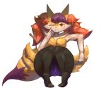  2021 anthro austinarts4 big_butt blush braixen butt canid canine digital_media_(artwork) dipstick_tail ear_piercing ear_ring fan_character featureless_crotch female fingers fur hair hi_res inner_ear_fluff looking_at_viewer mammal mary_(hipcat) multicolored_tail nintendo one_eye_closed piercing pok&eacute;mon pok&eacute;mon_(species) purple_hair simple_background solo stick thick_thighs tuft video_games wink yellow_body yellow_fur 