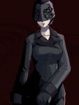  1girl 4me3ba_niku black_background black_coat black_gloves black_veil coat covered_face cowboy_shot dress floral_print formal_clothes funeral_dress funeral_veil gloves hair_bun highres lady_in_black lipstick makeup shin_megami_tensei shin_megami_tensei_iii:_nocturne solo veil 