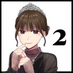  1girl actor black_border black_camisole blush border brown_eyes brown_hair camisole closed_mouth commentary countdown finger_to_mouth fingernails fishnet_sleeves fishnet_top fishnets halftone hands_up highres ishii_haruna jewelry long_sleeves looking_at_viewer mole mole_under_eye necklace nigari_(ngari_0115) outside_border own_hands_together portrait real_life see-through_clothes see-through_shirt shirt short_hair simple_background sleeves_past_wrists smile solo tiara white_background 