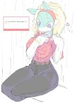 2025 5_fingers absurd_res accessory anthro arms_bent belt belt_buckle big_breasts biped black_bottomwear black_clothing black_pants blonde_eyebrows blonde_eyelashes blonde_hair blue_eyes bottomwear breasts brown_belt buckle button_(fastener) buttoned_clothing clothed clothing collared_shirt colored colored_sketch countershade_arms countershade_neck countershading dialogue digital_media_(artwork) dress_shirt ellipsis eyebrows eyelashes female fingers fully_clothed hair hair_accessory hairband hi_res ippan_josei japanese_text looking_down_at_self mammal mocaht8 mouth_closed multicolored_body multicolored_skin my_hero_academia pants portrait pupils quirked_human_(my_hero_academia) raining red_dress_shirt red_hairband shaded shirt shirt_pocket simple_background sitting sketch small_waist snout solo teal_body teal_ears teal_skin text text_box thick_thighs three-quarter_portrait topwear translation_request two_tone_body two_tone_skin wet wet_bottomwear wet_clothing wet_pants wet_shirt wet_topwear white_background white_body white_sclera white_skin wide_hips wristband yellow_wristband