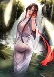  1girl ass bangs black_hair blush breasts fate/grand_order fate_(series) japanese_clothes jikihatiman kimono large_breasts long_hair long_sleeves looking_at_viewer looking_back miss_crane_(fate) multicolored_hair purple_eyes red_hair sidelocks smile two-tone_hair wet wet_clothes white_kimono wide_sleeves 