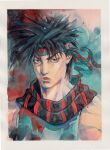  1boy absurdres battle_tendency black_hair black_scarf blue_eyes blue_headband blue_shirt headband highres jojo_no_kimyou_na_bouken joseph_joestar joseph_joestar_(young) looking_at_viewer messy_hair painting_(medium) portrait red_headband red_scarf scarf shirt sleeveless sleeveless_shirt striped_clothes striped_scarf traditional_media triangle_print watercolor_(medium) xfkart 