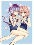 2girls 4-finger_heart_hands blue_background blue_hair breasts heart heart_hands heart_hands_duo highres i-19_(kancolle) i-58_(kancolle) kantai_collection large_breasts long_hair medium_breasts multiple_girls pink_eyes pink_hair r_you_yabai school_swimsuit short_hair swimsuit white_background 