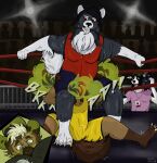 anthro border_collie bulge butt camera canid canine canis claws collie domestic_dog duo face_in_ass fart fart_cloud fart_fetish fart_sniffing farting_on_another farting_on_face fight fighting_ring herding_dog hi_res humiliation hyena male male/male male_farting mammal pastoral_dog recording sheepdog skunkstench smelly sniffing stinkface tail wolf wrestling