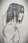  1boy artist_name collarbone deviantart_logo english_commentary eren_yeager from_side frown glasgow_smile green_eyes highres male_focus medium_hair monochrome muscular muscular_male nicole_greenbean nipples pectorals portrait scar scar_across_eye scar_on_cheek scar_on_face shingeki_no_kyojin sketch solo spot_color topless_male traditional_media 