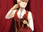  1boy ascot blonde_hair chasewalk closed_mouth clown_(ragnarok_online) commentary curtains doll english_commentary ensemble_stars! frown itsuki_shu looking_at_viewer mademoiselle_(ensemble_stars!) male_focus marionette puppet purple_eyes ragnarok_online red_vest shirt short_bangs short_hair solo upper_body vest white_ascot white_shirt 