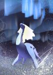  absurdres aurora aurorus blue_eyes blue_scales blue_skin blurry bokeh colored_skin depth_of_field dinosaur fins full_body glowing head_fins highres long_neck looking_up mitsukuma448 night night_sky no_humans open_mouth outdoors pokemon pokemon_(creature) sauropod signature sky snow solo sparkle standing star_(symbol) tongue 