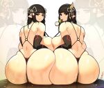  2girls ass asymmetrical_docking back bikini black_bikini black_hair breast_press breasts dango elbow_gloves food food_in_mouth from_behind gloves green_eyes hair_ornament highres hinoa huge_ass large_breasts looking_at_viewer looking_back minoto monster_hunter_(series) monster_hunter_rise multiple_girls nipples partially_visible_vulva pointy_ears probably_noon shiny shiny_skin siblings signature sisters sitting smile swimsuit thong thong_bikini wagashi wet zoom_layer 